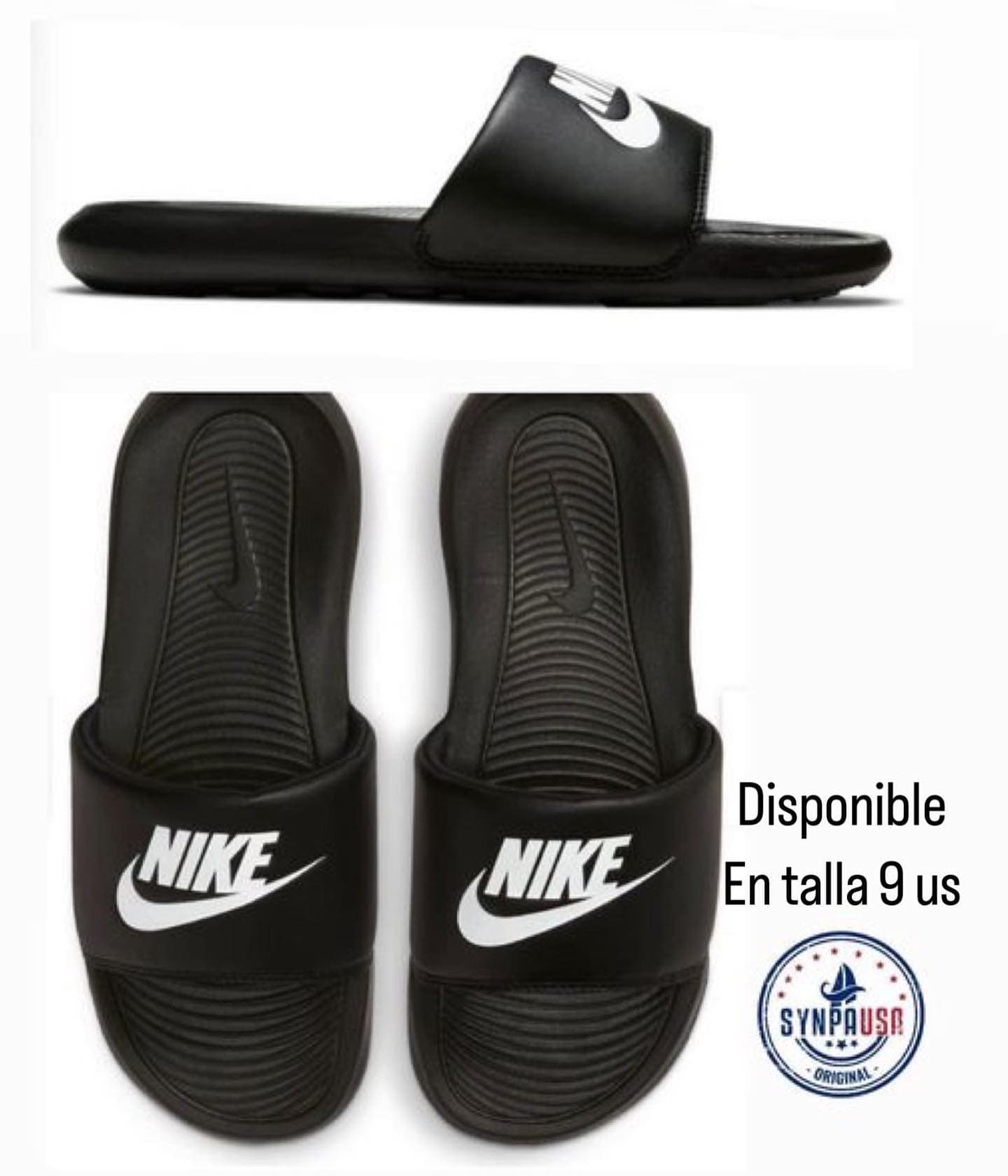 Sandalias Nike Victori One negras con logo blanco, foto de producto sobre fondo blanco con sello Synpausa Original