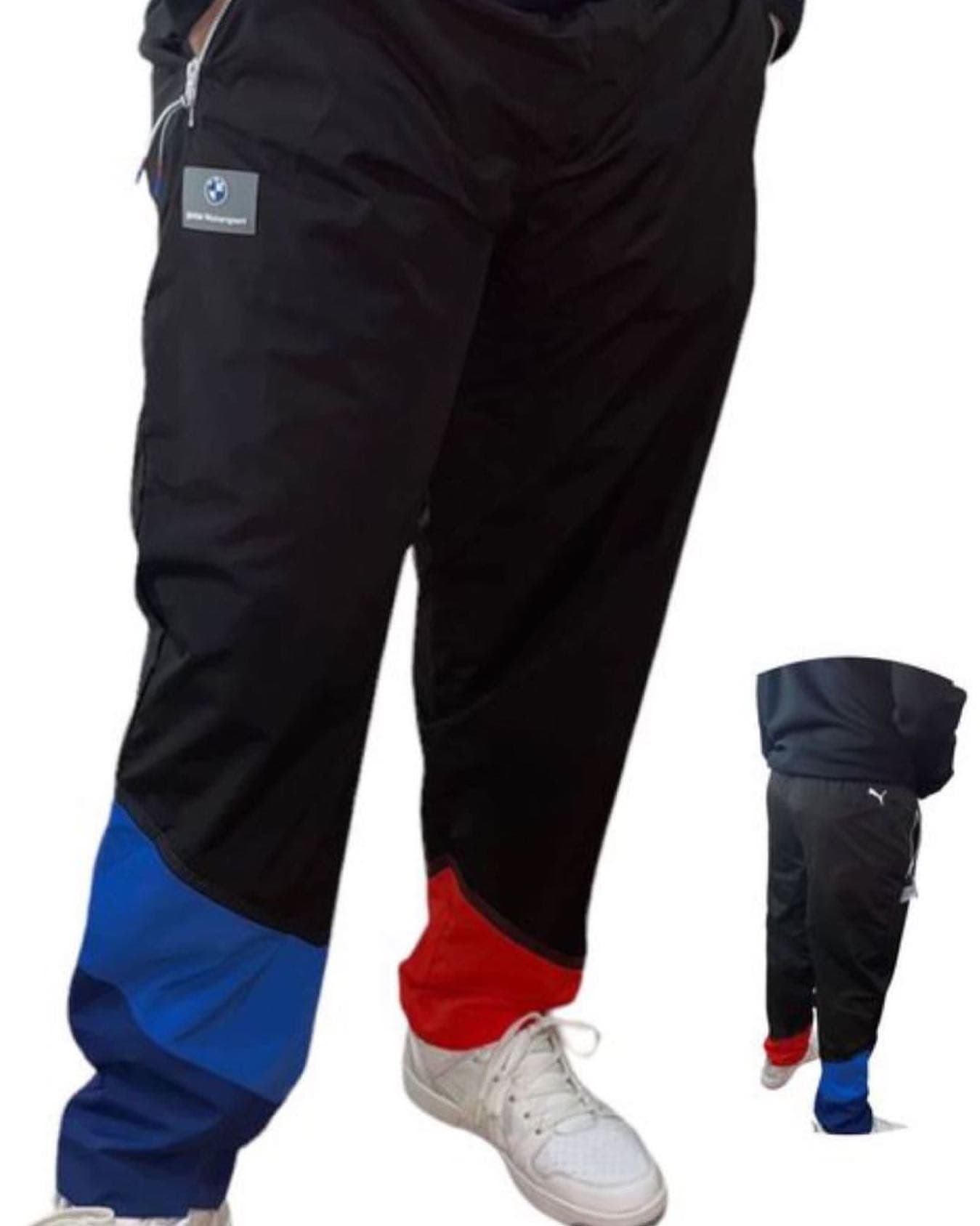 Pantalón de sudadera Puma BMW Motorsport negro con bloques azul rey y rojo en las botas, parche BMW en el muslo